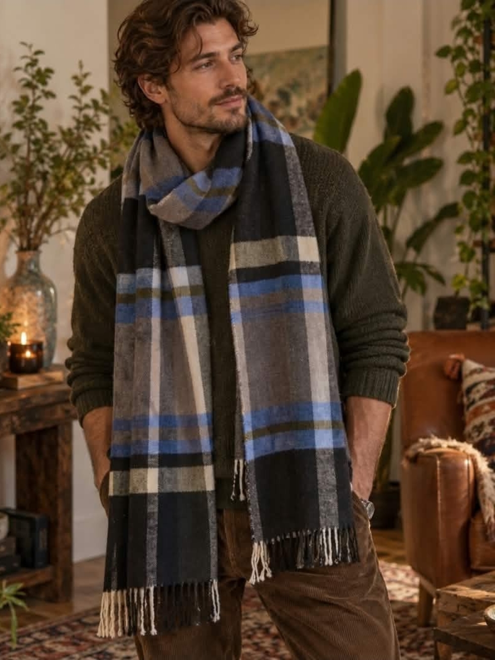 Men's Plaid Scarf Black Blue Gray Cashmere Feel Fringed | Gorpcore Dark Academia